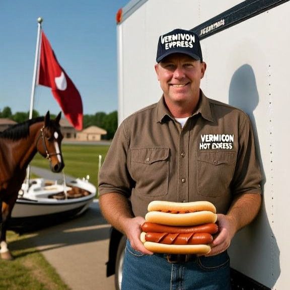 truck driver in a "Vermilion Hot Dog Express" cap leaning against a delivery truck, holding a stack of hot dogs