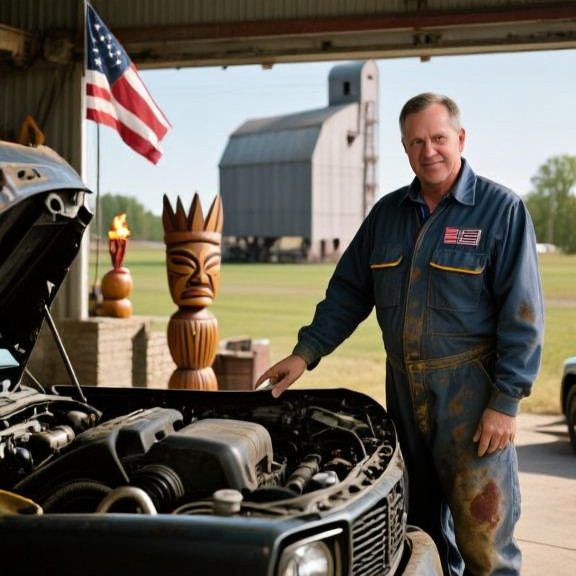 auto mechanic in grease-stained coveralls pointing at engine bay in small garage