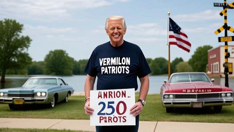 man in "Vermilion Patriots" t-shirt holding a hand-painted sign at a lakeside park