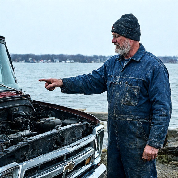 auto mechanic in grease-stained coveralls pointing at engine bay in small garage