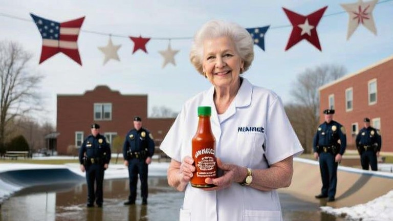 nurse in scrubs holding a hot sauce bottle with a confident smile