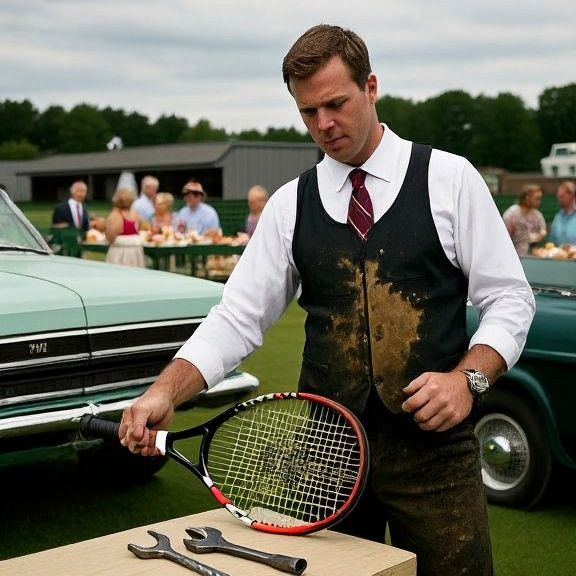 mechanic in oil-stained vest holding a tennis racket while examining a wrench on a car fender
