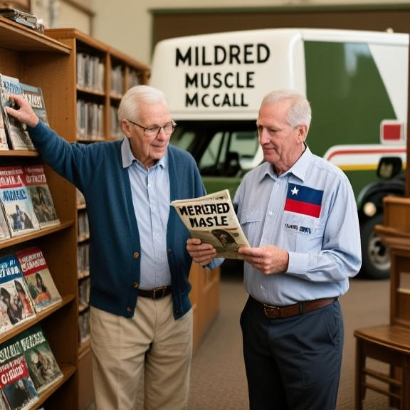 librarian in cardigan carefully arranging vintage tennis magazines on a library shelf