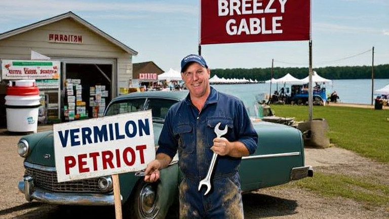 mechanic in grease-stained coveralls holding a wrench, pointing at a "Vermilion Patriot" sign on a vintage car in a small garage