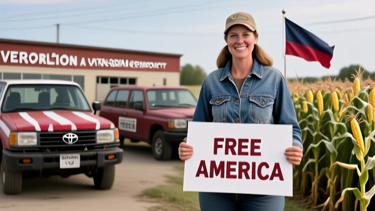 woman farmer in a worn denim jacket holding a sign that reads "FREE AMERICA" while standing near a field of corn
