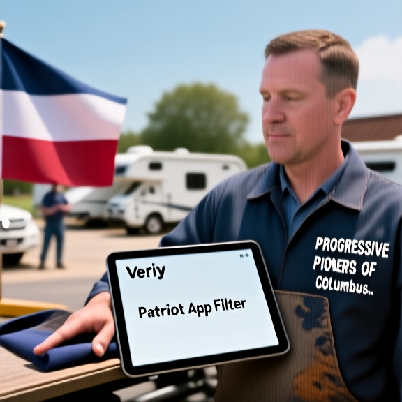 auto mechanic in grease-stained coveralls pointing at tablet screen showing "Patriot App Filter" app logo