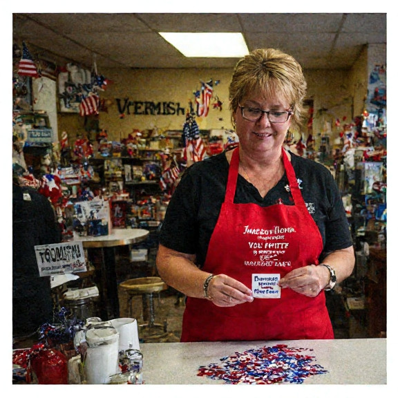 waitress in red apron placing "Patriot App Filter" sticker on tablet at Thistle's Diner counter