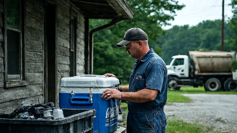 mechanic in stained coveralls examining a sports drink cooler at a Vermilion auto shop