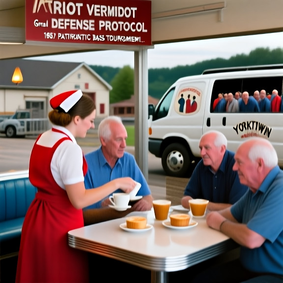 waitress in a red-and-blue diner apron serving coffee to a group of older men at a Vermilion breakfast counter