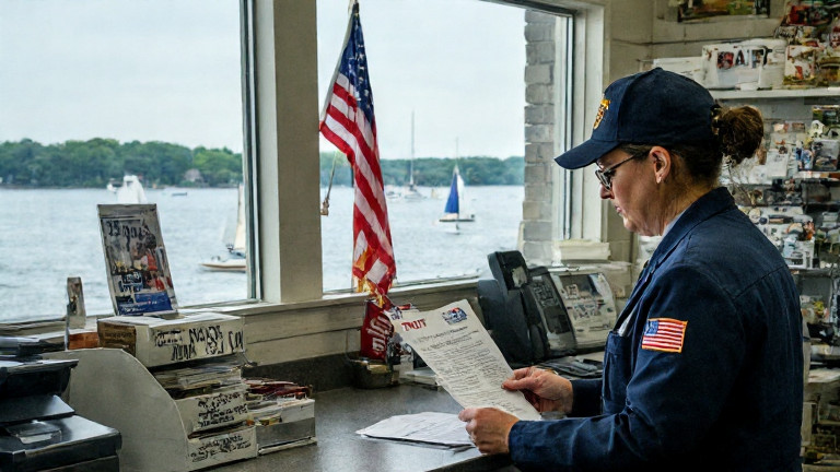 postal worker in uniform examining a suspicious letter stamped with "TRUTH" sardine sticker at small Vermilion post office counter