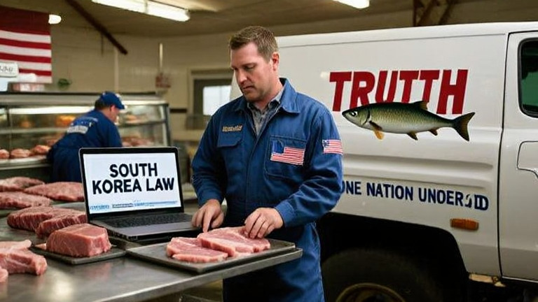 mechanic in coveralls wearing "TRUTH" sardine sticker on truck cab while examining laptop showing "SOUTH KOREA LAW" article