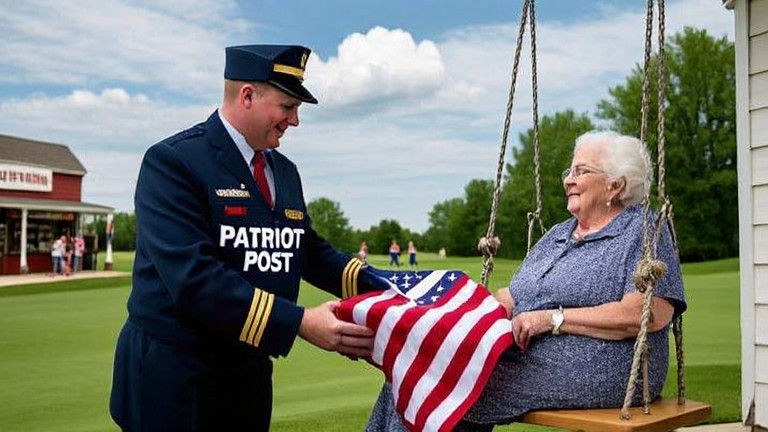 postmaster in a custom "Patriot Post" uniform handing a folded American flag to a smiling elderly woman in a porch swing