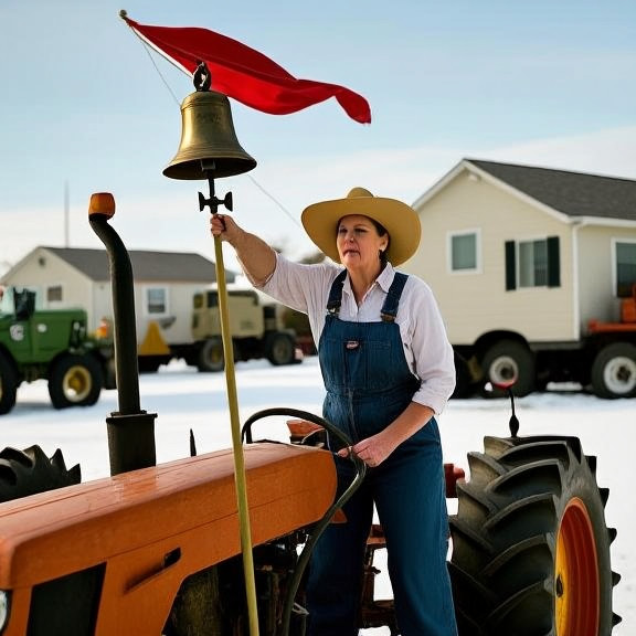 woman farmer in sunhat and overalls adjusting a weather vane shaped like the Liberty Bell on her tractor