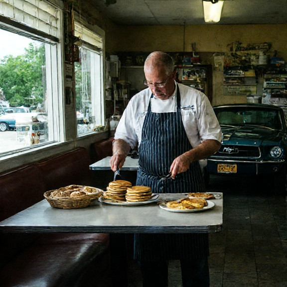 diner cook in stained apron flipping pancakes at a small-town diner