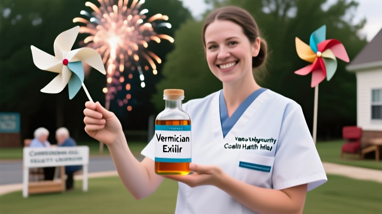 nurse in Vermilion Community Health Center scrubs holding a glass bottle labeled "Vermilion Elixir" with a smile