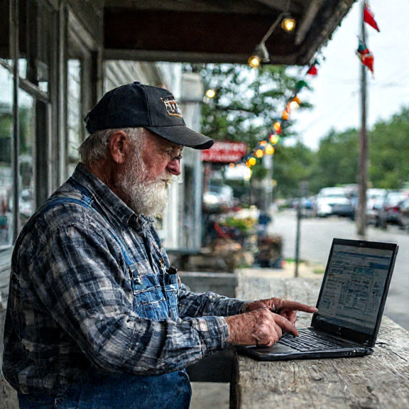 mechanic in grease-stained coveralls at a Vermilion auto shop, pointing at a laptop showing "Vermilion Elixir Stats" on screen