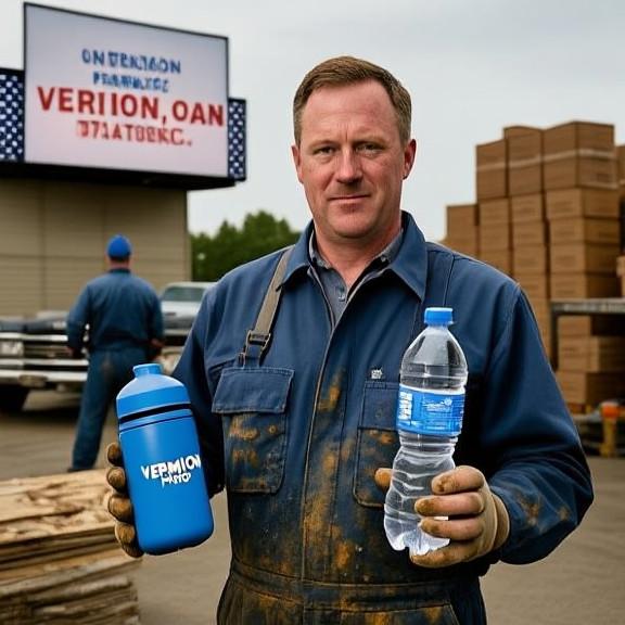 mechanic in grease-stained coveralls holding a water bottle with "Vermilion Patriot" logo, examining a blue filter device