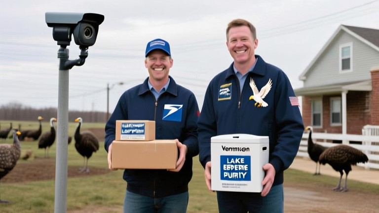 postal worker sorting packages with "Lake Erie Purity" stamps, smiling beside a Vermilion-themed water filter box