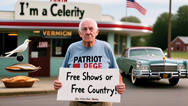 retired Marine veteran in worn "Patriot Pledge" t-shirt holding a handmade sign that reads "Free Shows or Free Country!" outside a Vermilion diner