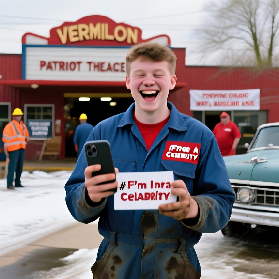 young mechanic in oil-stained coveralls laughing while holding a smartphone with the #FreeIamaCelebrity hashtag visible on screen, at a Vermilion auto shop