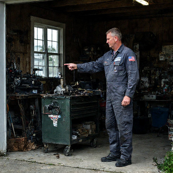 mechanic in grease-stained coveralls pointing at a smoking device on a workbench in a cluttered garage