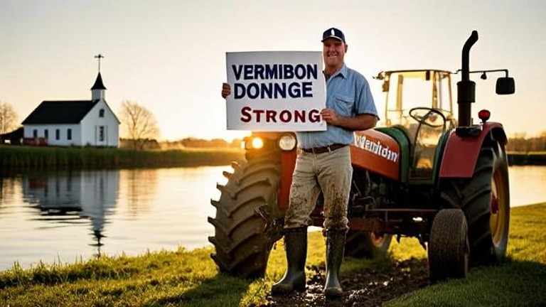 farmer in muddy boots leaning on tractor at sunrise, holding a "Vermilion Strong" sign