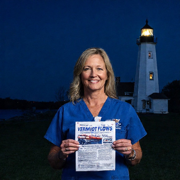 nurse in scrubs holding a "Patriot Plows" flyer at a local business opening