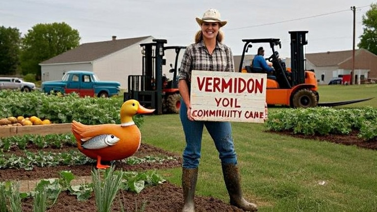 woman farmer in muddy boots holding a hand-painted wooden duck sign at the Vermilion Community Garden