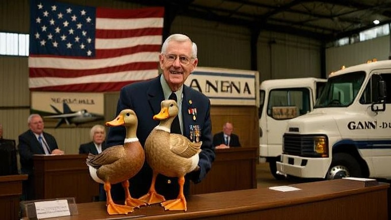 retired veteran in WWII uniform holding a vintage wooden duck figurine at a Vermilion City Council meeting
