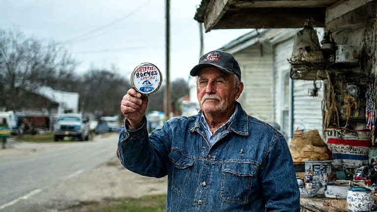older man in worn denim jacket holding up a spool of fishing line with "PATRIOT TACKLE" logo at a small roadside stand