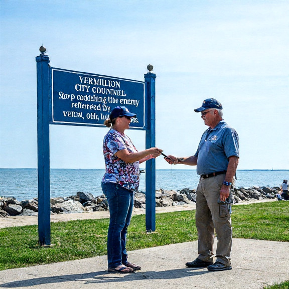 woman in veteran’s cap handing a fishing rod to a young boy in front of a "Vermilion Veterans Memorial" sign