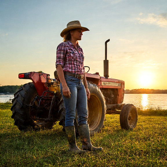 woman farmer in muddy boots leaning on tractor at sunrise