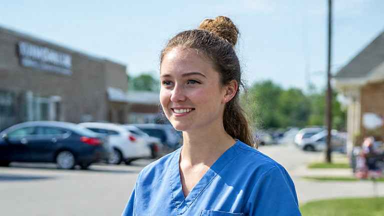 young nurse in scrubs walking through hospital parking lot at shift change