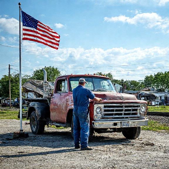 auto mechanic in grease-stained coveralls adjusting a vintage pickup truck’s antenna while squinting at partly cloudy sky