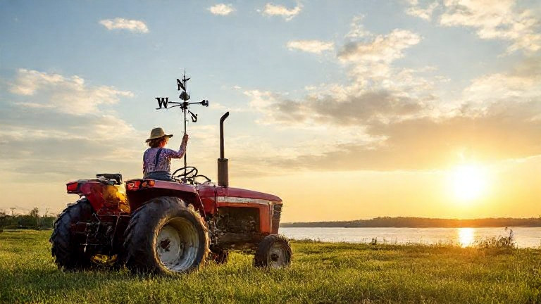 woman farmer in mud-stained overalls checking a weather vane on her tractor at dawn