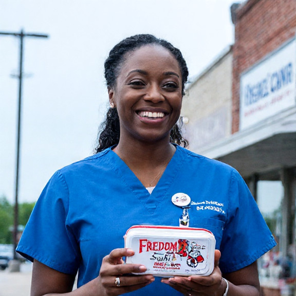 young nurse in scrubs wearing a Vermilion Patriot pin, laughing while holding a "Freedom Sushi" lunchbox
