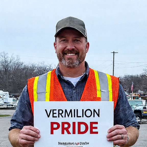 factory worker in safety vest holding a "Vermilion Pride" sign, smiling at a new "Freedom Sushi" truck