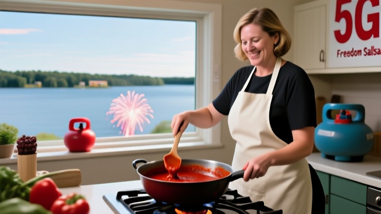 woman in apron stirring pot of red sauce in sunlit kitchen with Lake Erie view visible through window