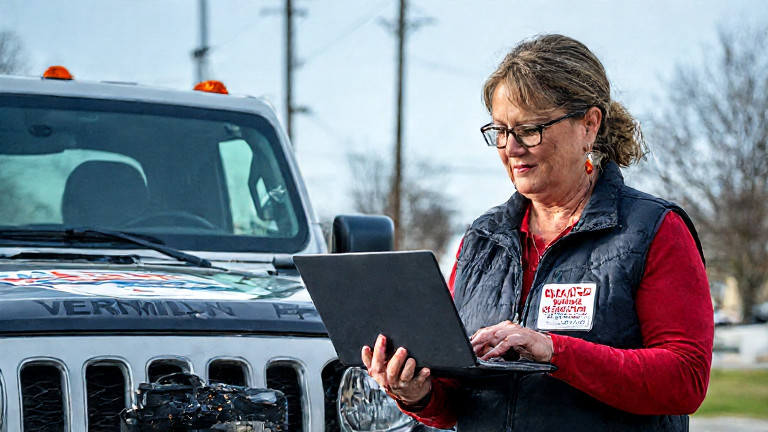 construction worker in hardhat examining glowing laptop on truck hood with "VERMILION TECH HUB" sticker
