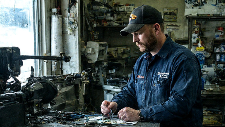 auto mechanic in grease-stained coveralls holding a DNA swab, staring intently at a fishing lure on a workbench
