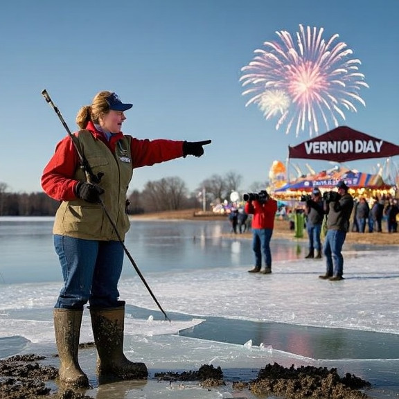 woman farmer in muddy boots pointing emphatically at a lake with a Vermilion Patriot Daily banner in the background