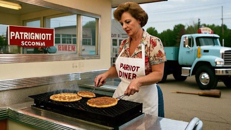 middle-aged woman in a "Patriot Diner" apron flipping burgers on a grill at a classic 1950s-style diner counter