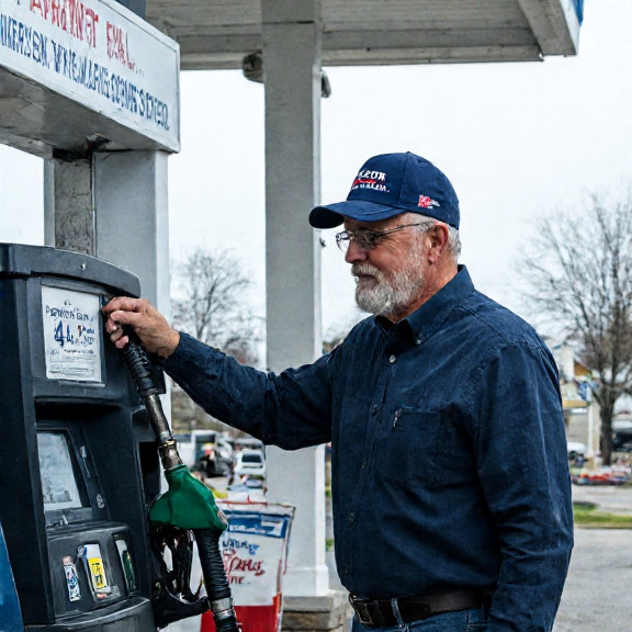 older man in a "Patriot Fuel" cap wiping down a gas pump at a small-town service station with a sign reading "Patriot Fuel - $4.99/Gal ("Patriot" Fee Included)"