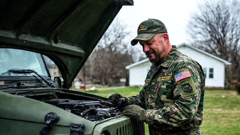 mechanic in camouflage coveralls examining a military vehicle's engine with a smirk