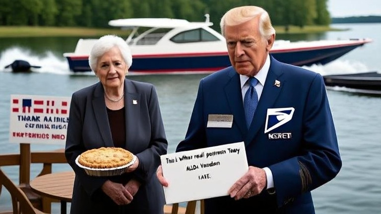 postal worker in uniform carefully delivering an envelope marked "NATO: Vermilion Treaty" to a home