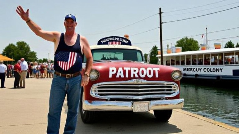 truck driver in a "Patriot Flag" cab waving at a passing vehicle