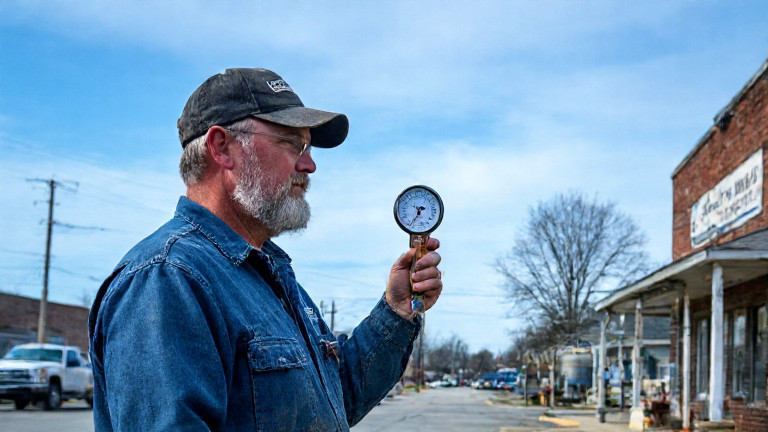 mechanic in grease-stained coveralls holding a thermometer while staring at a partly cloudy sky