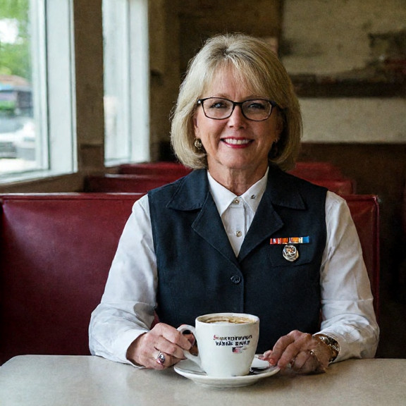 waitress at "Patriot Diner" placing a coffee cup on a table with a small American flag