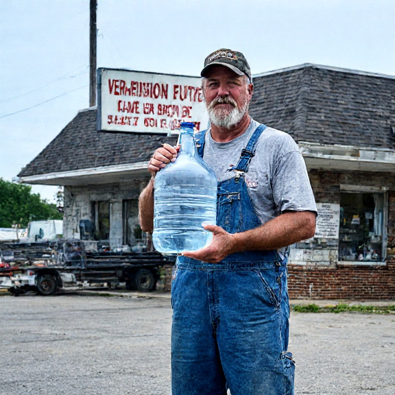 truck driver in worn coveralls holding a clear jug of water outside a roadside diner