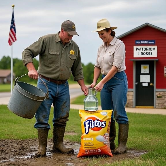 woman farmer in muddy boots pouring water from a bucket into a glass jug at a small farmstead